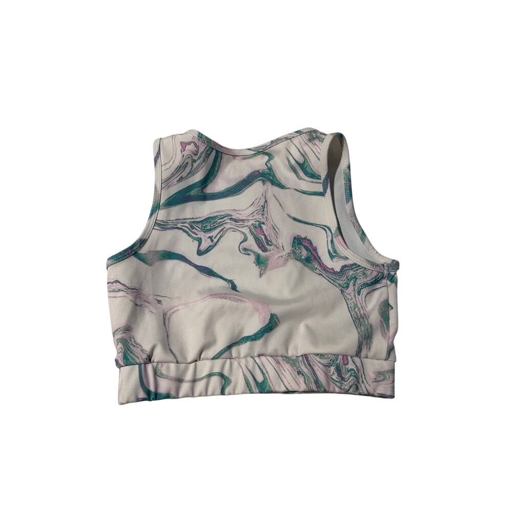 Zara 8-9 teal white gold marble swirl sports bra euc like new